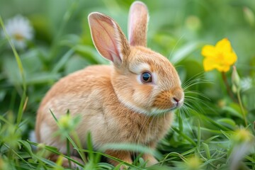 Fototapeta premium Adorable orange bunny rabbit sitting in lush green grass with yellow flowers.