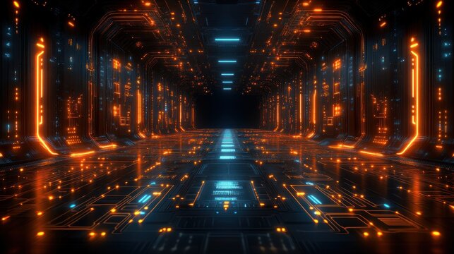 Futuristic tech tunnel glowing orange and blue
