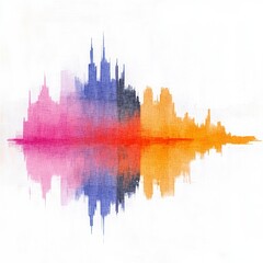 City skyline with water reflection and vibrant digital glitch art pixelation