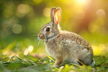 A young, adorable rabbit sits in a sunlit meadow, its fur highlighted by the warm light.