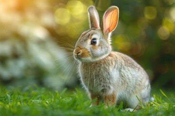 Fototapeta premium An adorable young rabbit sits in a lush green meadow, bathed in soft sunlight.
