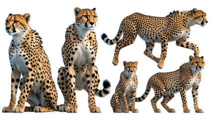 A set of cheetahs in different poses isolated on transparent background, high-quality PNG collection of fast and agile big cats