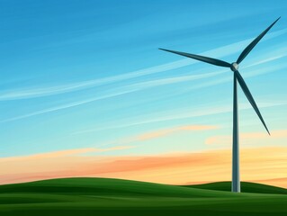 Obraz premium Wind turbine standing tall against blue sky with subtle gradients in digital artwork representing sustainable energy technology