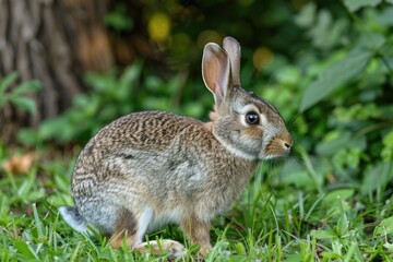 Fototapeta premium A young eastern cottontail rabbit sits alertly in a lush green grassy meadow.