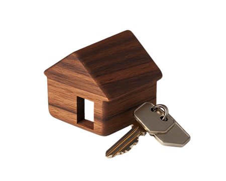 Small Wooden House Model with Keys on Transparent Background