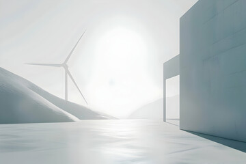 Obraz premium Serene landscape featuring a modern structure and wind turbine under a bright, foggy sky