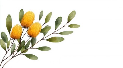 Watercolor illustration of a yellow flower with green leaves on a white background featuring australian banksia