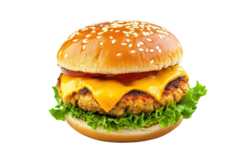 Cheesy chicken patty burger isolated on transparent or white background, png