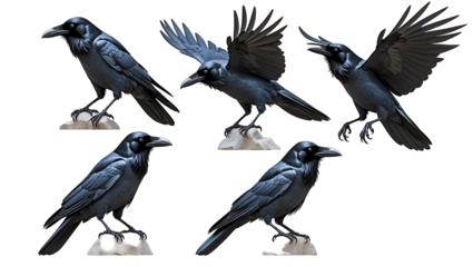 black raven in various poses including flying and perching, photorealistic bird with shiny black feathers and detailed texture, isolated on transparent background