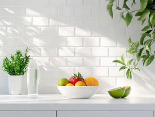 Obraz premium Fresh fruit bowl on white kitchen countertop, sunlight, plants, modern interior