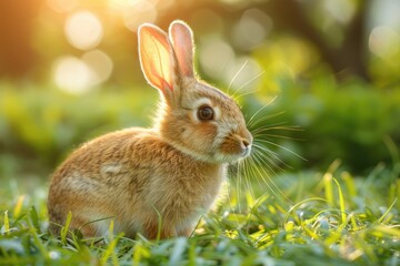Fototapeta premium Adorable young brown rabbit sitting in the grass bathed in sunlight.