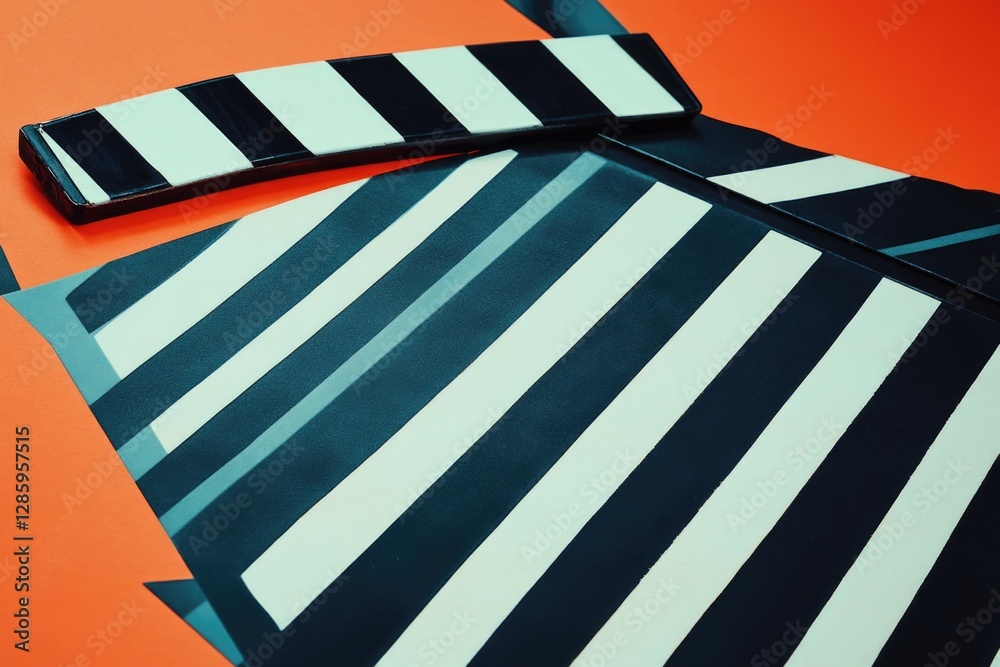Poster a close-up of a black and white striped tie set against an orange background, perfect for adding tex