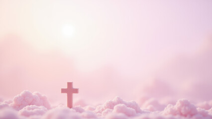 A surreal and colorful depiction of a Christian cross set against a vibrant sky with pink clouds above, suggesting a spiritual or heavenly realm.