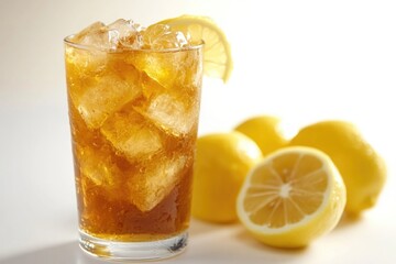 Refreshing drink with sliced lemons in the background, perfect for hot summer days or office break