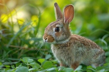 Fototapeta premium Adorable brown bunny rabbit sitting in lush green grass, basking in sunlight.