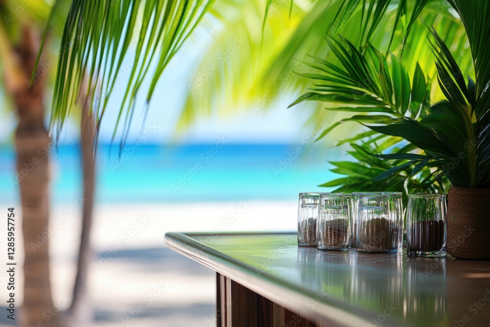 Poster A close-up view of a table with a plant on it, ideal for use in still life photography or as a decorative element