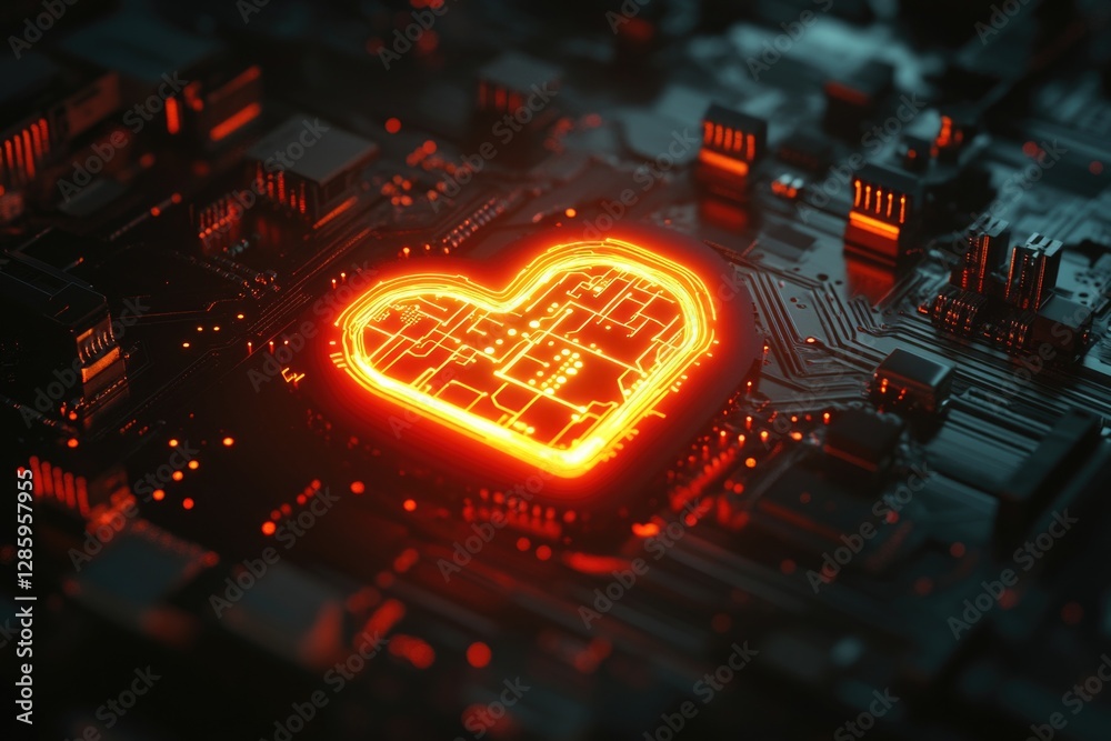 Poster a glowing heart icon on top of an electronic circuit board, with wires and components in the backgro