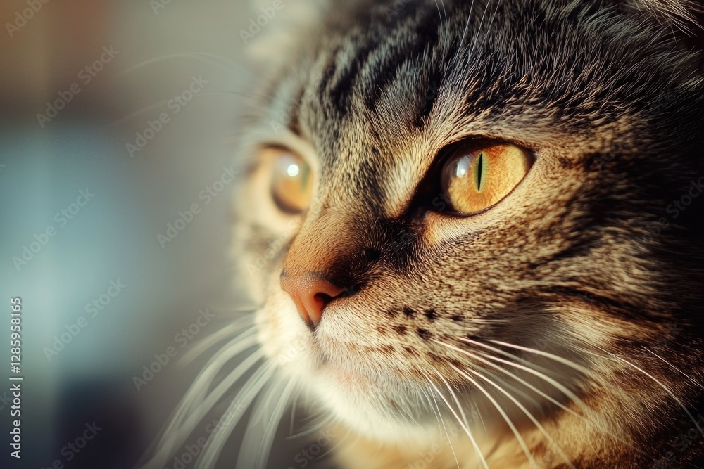 Poster a close-up view of a cat's face with blurred background, great for pet-related content or design ele