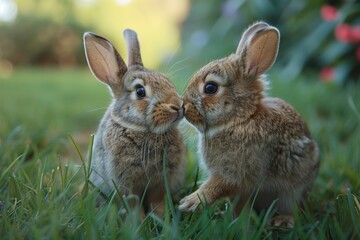 Two adorable baby bunnies nuzzle each other in a lush green grass.