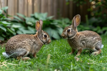 Fototapeta premium Two adorable young Eastern Cottontail rabbits face each other in a lush green grassy yard.