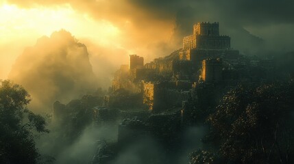 The majestic ruins of Machu Picchu, shrouded in mist and bathed in golden light, showcasing Incan architectural marvels in the Peruvian Andes.