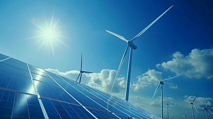 Solar panels and wind turbines under a bright blue sky with clouds and sunlight shining