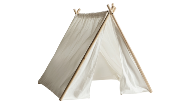 White fabric tent with wooden poles ideal for outdoor play or indoor fun for children in backyard or living room