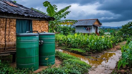 Naklejka premium Rural Village Scene with Green Water Tanks and Muddy Path