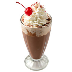 Chocolate milkshake in a tall glass with whipped cream and straw, isolated on transparent background