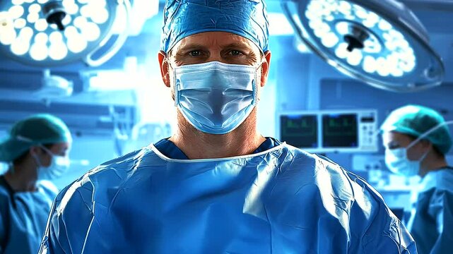 A skilled surgeon expresses relief and satisfaction in a state-of-the-art operating room.