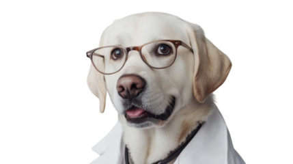 Dog wearing glasses and a lab coat poses as a scientist in a playful, imaginative setting