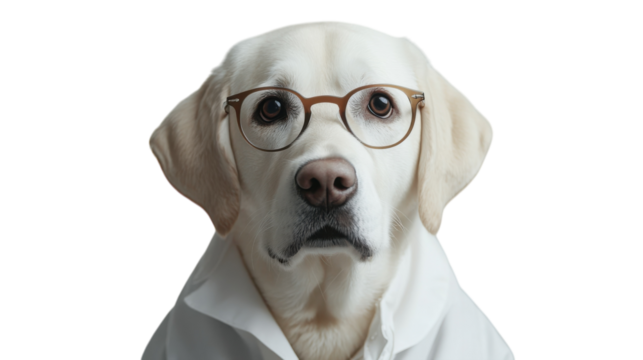 Dog in glasses wearing a lab coat displays a serious expression while appearing as a scientist