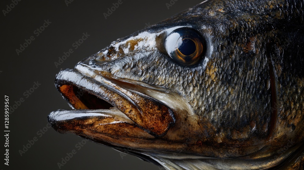 Poster a close-up shot of a fish with its mouth open, suitable for use in wildlife or underwater scenes