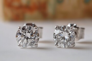 A pair of diamond earrings placed on a table, great for jewelry displays or fashion concepts