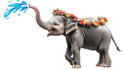 Cute  elephant joyfully playing with water during Songkran festival, lively festive atmosphere, watercolor style, high detail,PNG