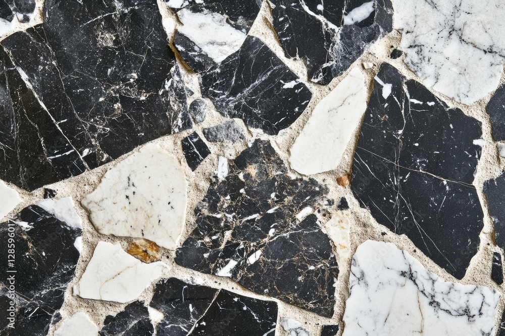 Poster A detailed shot of a classic-looking marble floor with a white and black pattern, suitable for use in interior design or architecture contexts
