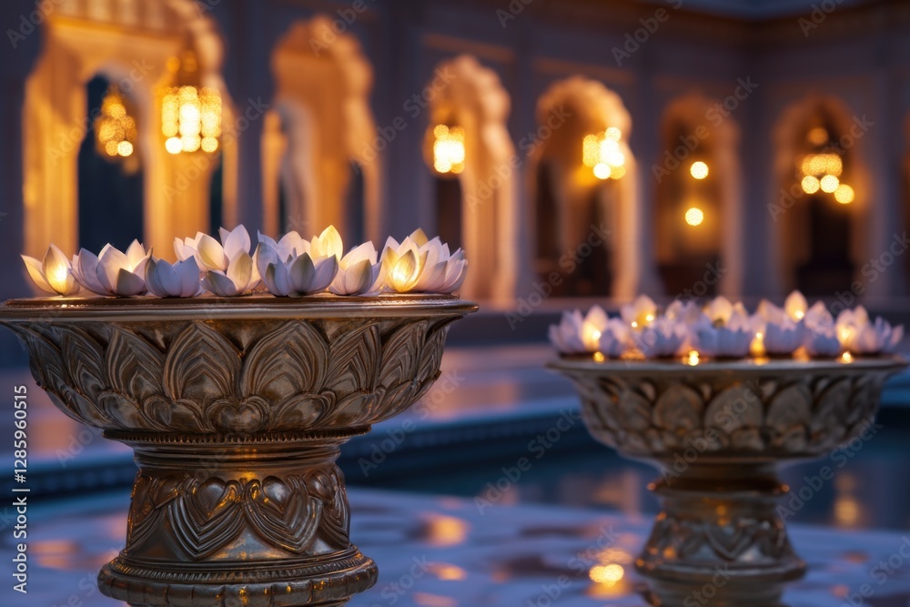 Poster group of candles burning brightly on a table, ideal for use as decorative or atmospheric image