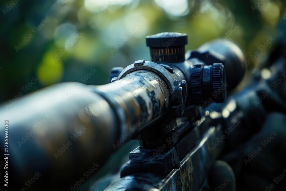 Aufkleber a close-up view of a rifle scope with a blurred background, suitable for use in outdoor or hunting-t