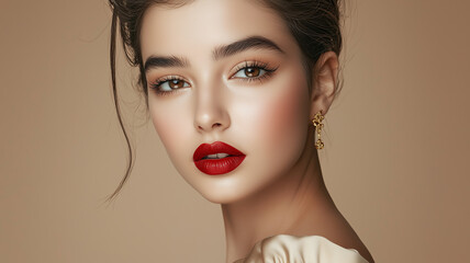 Elegant woman with natural beauty, defined brows, and glossy lips.