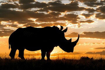 Naklejka premium Silhouette of a rhinoceros at sunset, majestic and powerful against the vibrant sky.