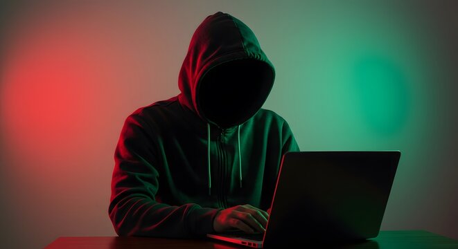Anonymous Hacker in a Dark Hoodie Working on a Laptop with Dramatic Red and Green Lighting – Cybersecurity Threat Concept"
