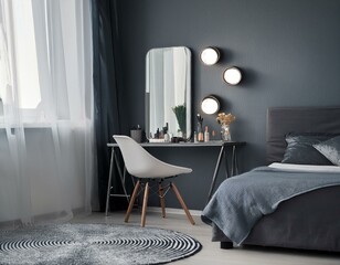 Gray bedroom interior with makeup table