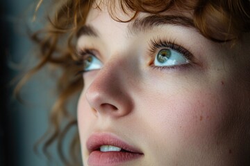 A close-up shot of a woman with vibrant red hair, looking straight into the camera