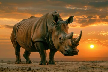 Fototapeta premium A majestic white rhinoceros stands silhouetted against a vibrant sunset in the African savanna.