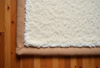 Beige Ishigami Carpet: Top-Down Product Shot of Cream-Colored Carpet with Snow-White Base and Brown Trim, Adjacent to Wooden Flooring, Showing Bent Corner Detail.


