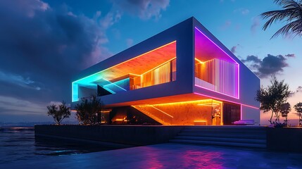 Modern villa illuminated by colorful LED lights, adding a vibrant touch to the exterior at night.