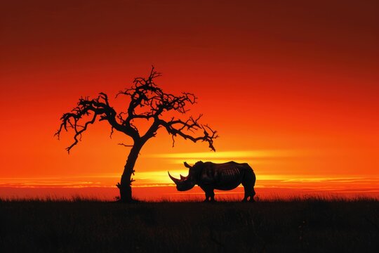 Silhouette of a rhinoceros at sunset near a dead tree in African savanna.