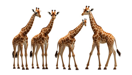 Obraz premium Four realistic giraffes standing in a row with distinct patterns and tall legs, photorealistic animal PNG set isolated on a white background