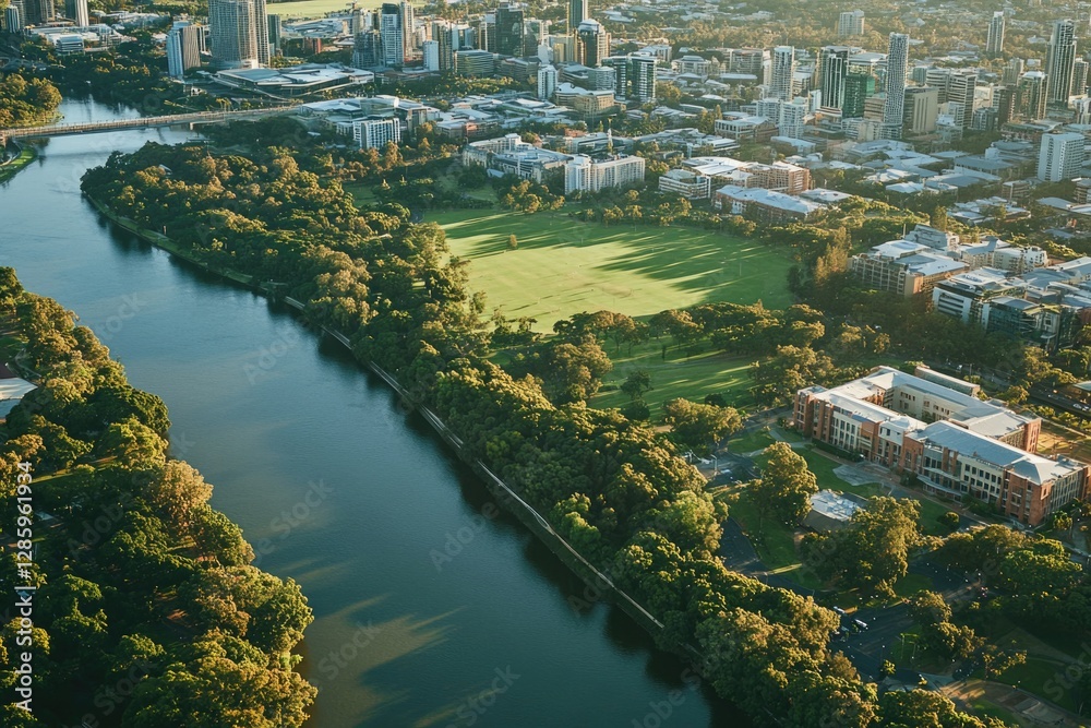 Poster Aerial view of a city with a river running through it, suitable for use in urban planning or infrastructure projects