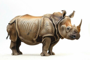 Fototapeta premium A majestic Indian rhinoceros, powerfully built with thick skin and a prominent horn, stands against a stark white background.